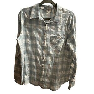 BKE size L eased women’s blue plaid pockets button front long sleeve shirt